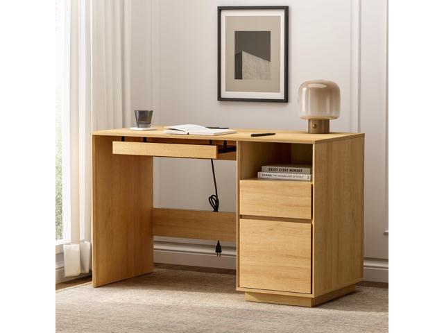 Farmhouse Computer Desk with File Drawer, 47' Executive Desk with Charging Station and Open Storage Compartment Wood Home Office Desk for Writing.