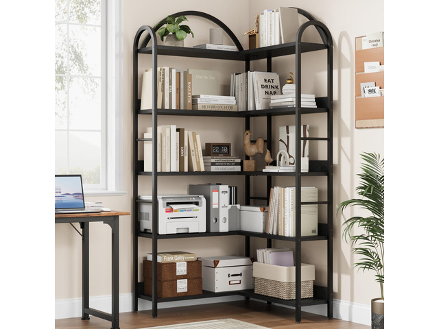 5 Tier Bookshelf, Reversible Corner Bookshelf, 68.5' Wooden Bookcase with Open Shelves and Metal Frame, Suitable for Living Room, Bedroom,...