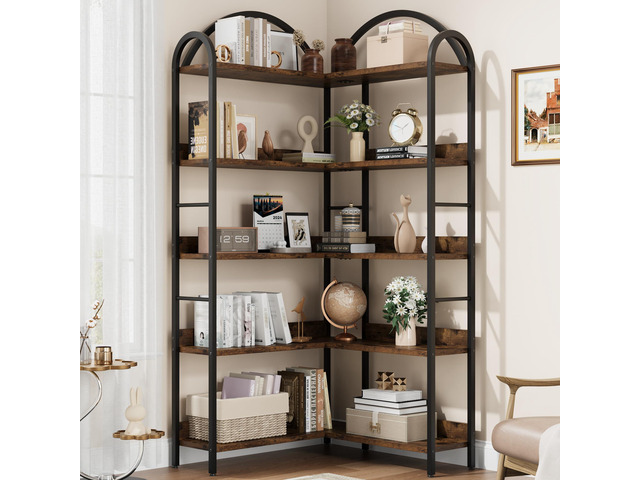 5 Tier Bookshelf, Reversible Corner Bookshelf, 68.5' Wooden Bookcase with Open Shelves and Metal Frame, Suitable for Living Room, Bedroom,...