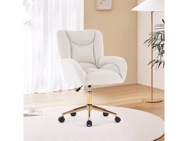 Velvet Teddy Fabric Home Office Chair Comfy Vanity Chairs Adjustable 360° Swivel Upholstered Computer Task Chair Living Room Chairs with Arm,Ivory.