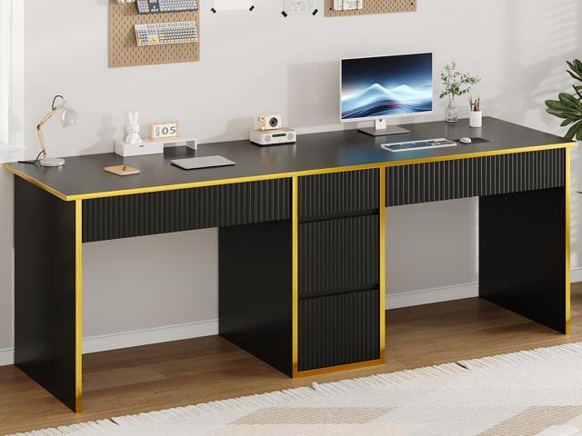 78.72 Extra Long Black Desk with Drawers, 2 Person Desk with 5 Storage Drawers, Computer Desk with Storage Shelves,Double Desks Workstation with...