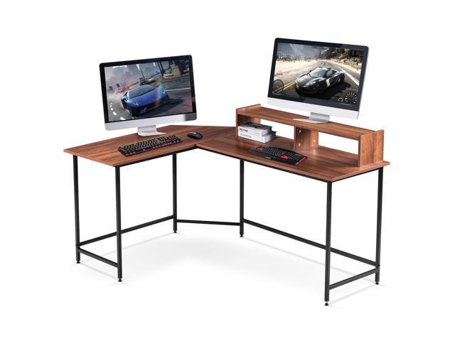 L-Shaped Computer Office Desk, Modern Gaming Corner Desk with Monitor Stand, Home Office Study Writing Table Workstation for Small Spaces 6404 (Brown)