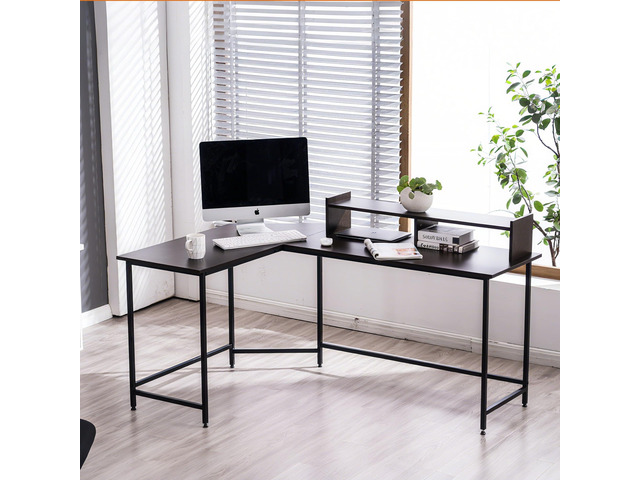 L Shaped Desk, 62.2' Modern Corner Computer Desk with Monitor Stand for Small Spaces Living Room Home Office Bedroom 6404 (Dark Brown)