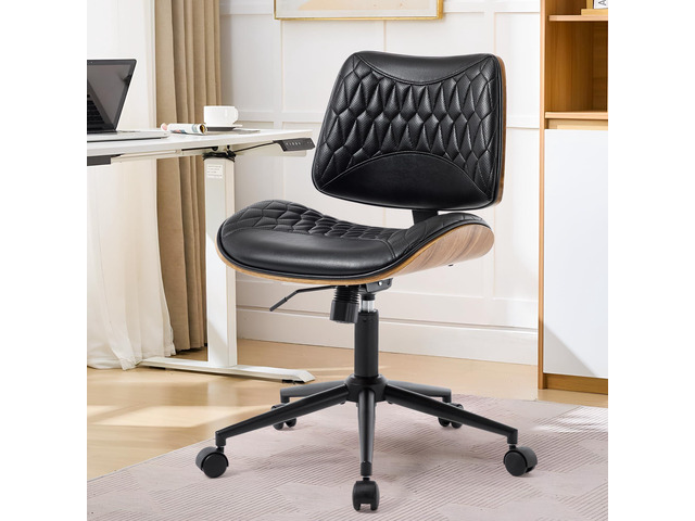 Office Chair No Arms with Wheels, PU Leather Adjustable Height Small Desk Chair, Modern Mid Back Swivel Rolling Armless Computer Task Chair for...