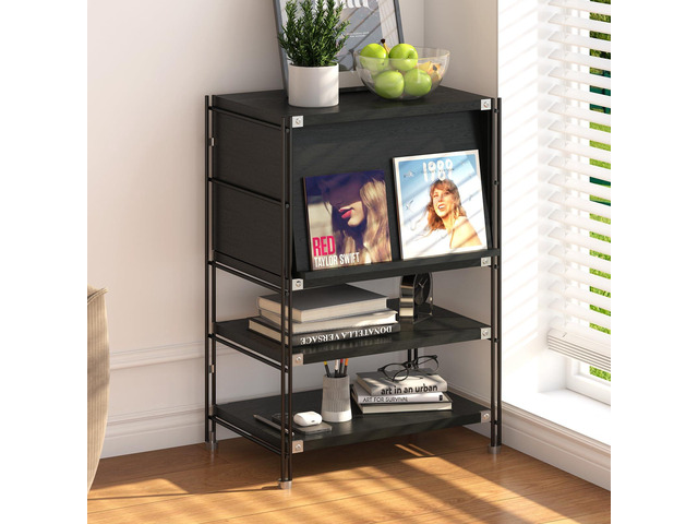 3 Tier Wood and Metal Bookcase with Door, Flip-Up Doors Bookshelf,H 35.43 in Standing Storage Organizer for Living Room, Bedroom, Home Office,Black