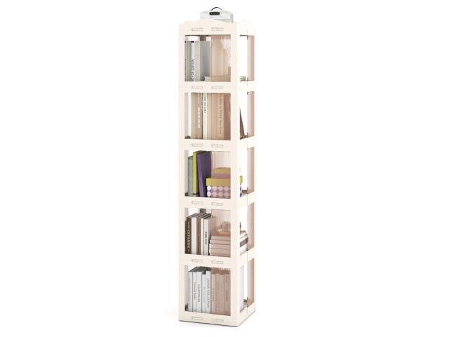 Foldable Rotating Bookshelf, 5-Tier Spinning Bookcase w/Swivel Base, 360° Revolving Bookshelf Tower, Tall Corner Display Shelf, Translucent Storage...