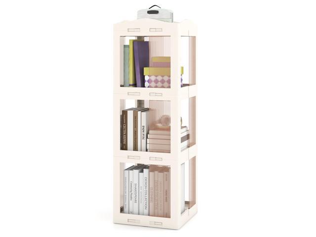 Foldable Rotating Bookshelf, 3-Tier Spinning Bookcase w/Swivel Base, 360° Revolving Bookshelf Tower, Tall Corner Display Shelf, Translucent Storage...
