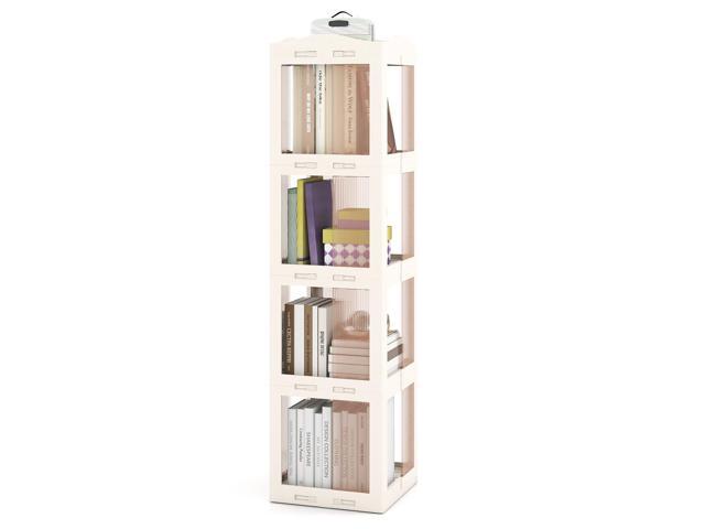 Foldable Rotating Bookshelf, 4-Tier Spinning Bookcase w/Swivel Base, 360° Revolving Bookshelf Tower, Tall Corner Display Shelf, Translucent Storage.