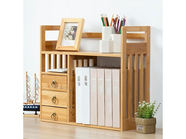 2 Tier Bamboo Countertop Bookshelf,Desktop Organizer Shelves with 3 Drawers,Desktop Bookcase for Home Office,Natural