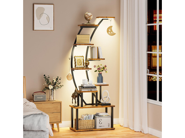 Bookshelf with Lights - 63' Tall Unique Bookshelves, 9-Tier Book Shelf for Collectibles, Black Display Shelf with Light, Half-Moon Ladder Book...