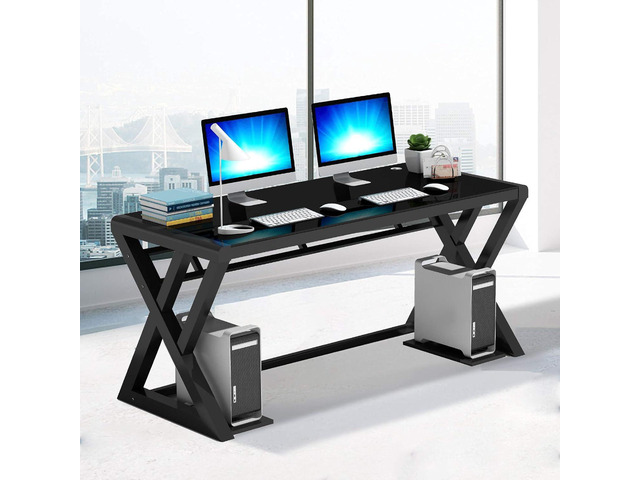 NA Tempered Glass Computer Desk with X-Shaped Metal Frame, Fashion Modern Design Writing and Study Desk, Work Desk for Home Office (55.1 inch)