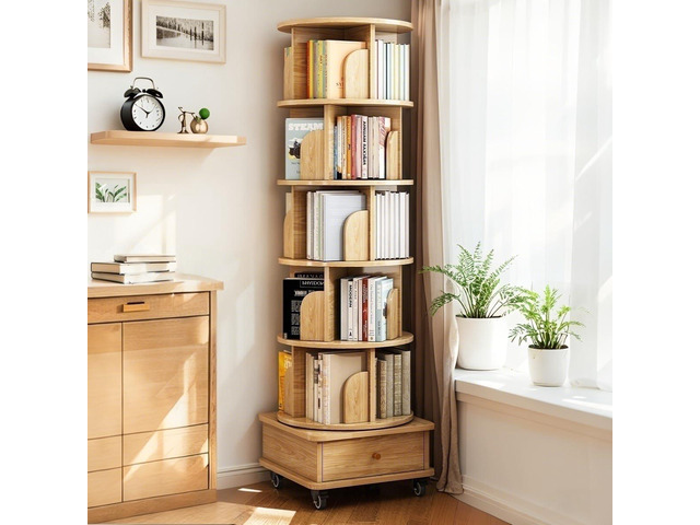 Rotating Bookshelf 6 Tier, 360° Spinning Bookshelf Tower with Lockable Wheels, Corner Shelf for Small Spaces, Kids Room, Living Room, Bedroom,...
