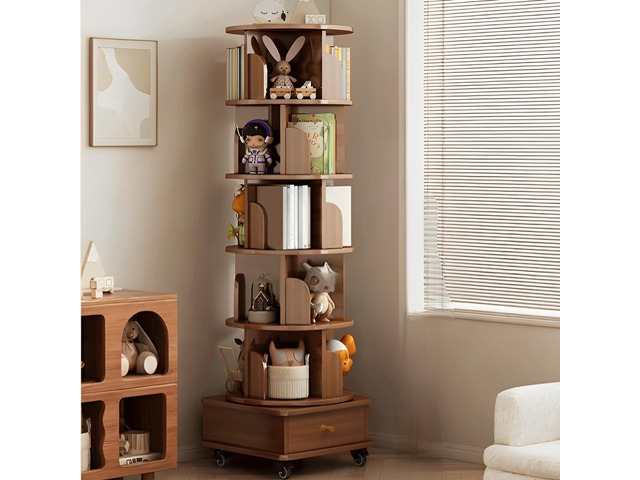 Rotating Bookshelf 6 Tier, 360° Spinning Bookshelf Tower with Lockable Wheels, Corner Shelf for Small Spaces, Kids Room, Living Room, Bedroom,...