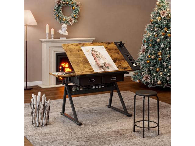 Adjustable Drafting Table, Drawing Desk for Artists Adults Architect, Art Desk with Stool and 2 Non-Woven Storage Drawers, Tilted Tabletop,.