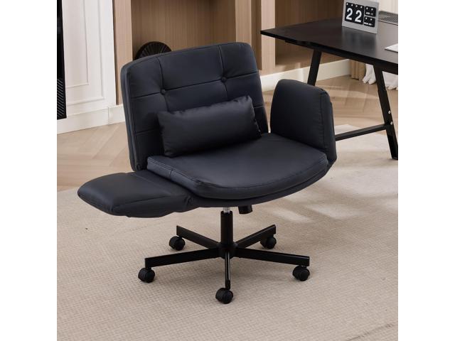 Criss Cross Office Chair with Flip Armrests, Faux Leather, Black Swivel Vanity Chair with Side Pockets, Ergonomic Cross Legged Office Chair with...