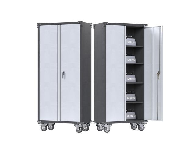 Rolling Garage Storage Cabinet with Locking Door and Shelves, 71''H Lockable Metal Storage Cabinet on Wheels, Steel Tool Cabinet for Warehouse,...