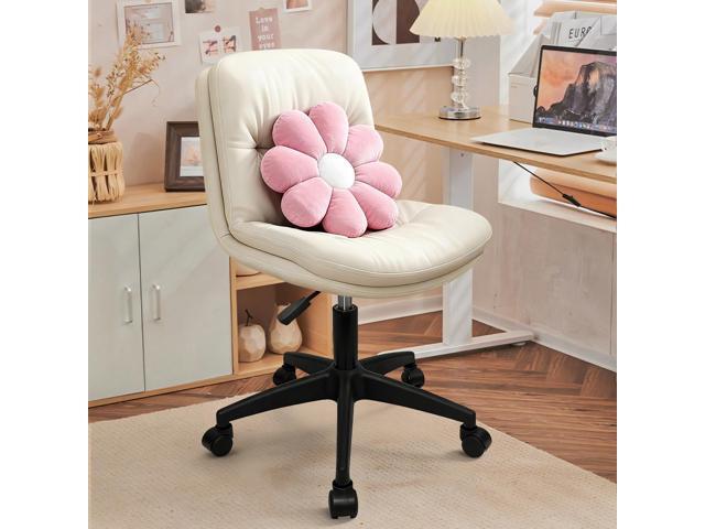 Small Office Desk Chair, PU Leather Armless Swivel Chair with Lumbar Pillow, Height Adjustable Task Chair for Small Spaces, Bedroom & Vanity Beige