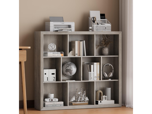 Wooden 10-Cube Storage Organizer, 3-Tier Bookshelf, Wood Grey Bookshelf, Bookcase, Cubical Storage Shelf with 3 Removable Back Panels for Bedroom...