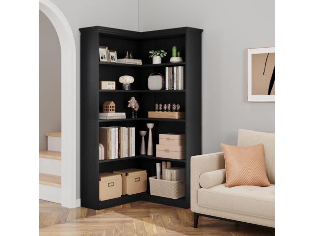 72' L-Shaped Corner Bookcase, 5-Shelf Wooden Bookcase for Living Room/Office, Rustic Storage Rack, Anti-Tip Design, Easy Assembly, Half Back (35.6'.