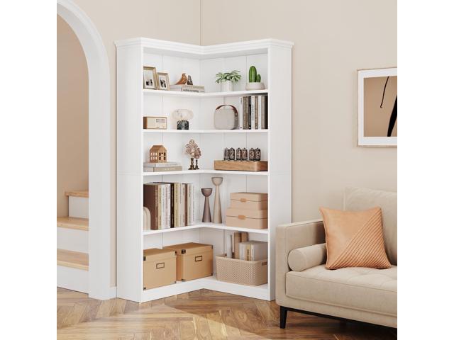 72' L-Shaped Corner Bookcase, 5-Shelf Wooden Bookcase for Living Room/Office, Rustic Storage Rack, Anti-Tip Design, Easy Assembly, Half Back (35.6'...