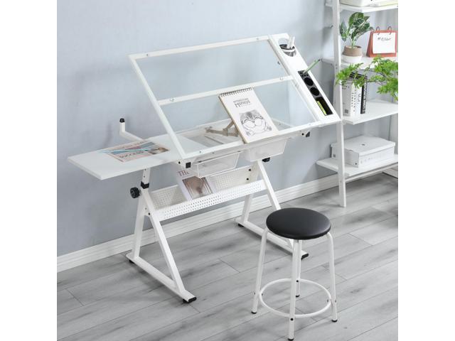Drafting Table with Adjustable Tabletop and Stool, Multifunctional Art Craft Drawing Desk with Tilting Glass Tabletop, Study Metal Workstation with.