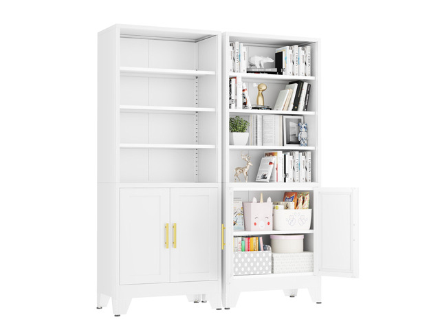 71' Metal Bookcases and Bookshelves with 2 Doors and 4 Adjustable Shelves, Tall White Storage Cabinet Industrial Modern Open Display Book Shelf for...