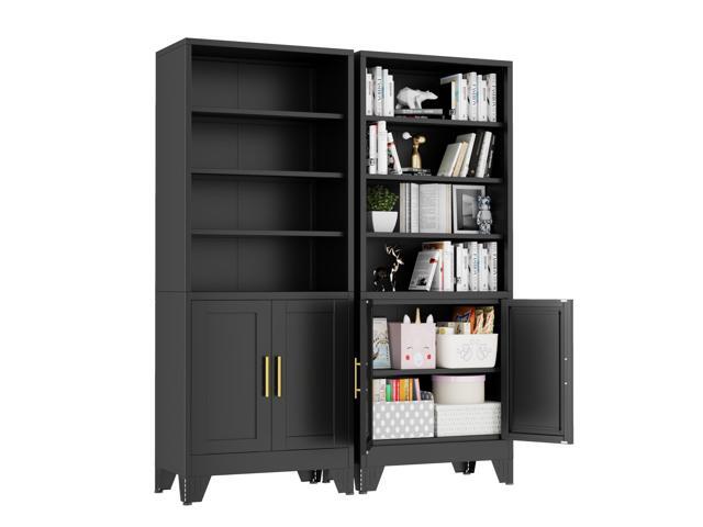 71' Metal Bookcases and Bookshelves with 2 Doors and 4 Adjustable Shelves, Tall Black Storage Cabinet Industrial Modern Open Display Book Shelf for...
