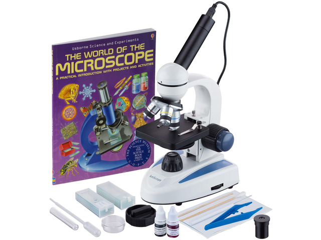 M158C-SP14-WM-E 40X-1000X Biology Science Metal Glass Student Microscope with USB Digital Camera, Slide Preparation Kit and Book