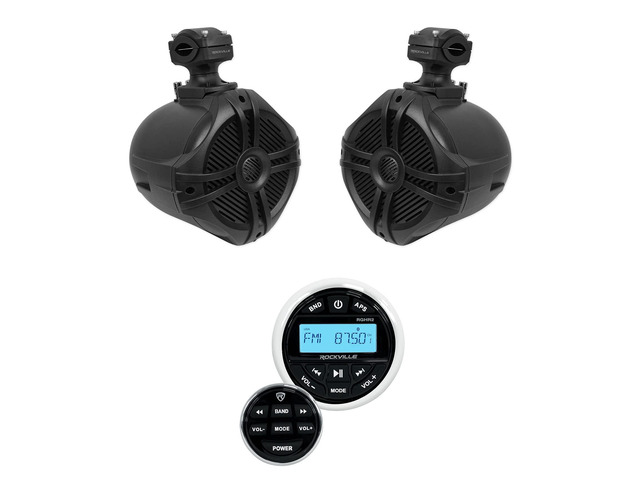 RGHR2 Bundle: 1 Marine Gauge Hole Receiver w/Bluetooth, USB, AM/FM + (1) Pair RWB70B 6.5' Marine Wakeboard 360Â° Swivel Tower Speakers, Waterproof,...