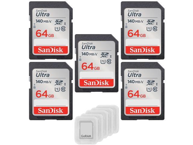 64GB Ultra SDXC UHS-I Class 10 Memory Card 140MB/s U1, Full HD, SD Camera Card SDSDUNB-064G (5 Pack) Bundle with (5) GoRAM Plastic Cases