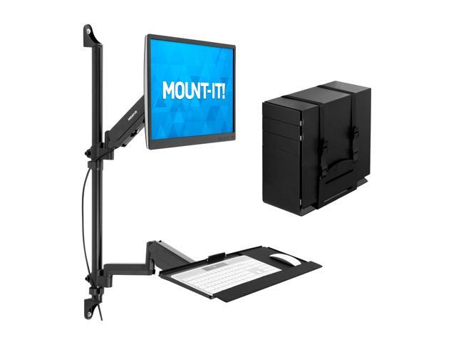Single Monitor Arm Wall Mount Workstation with Keyboard Tray & CPU Holder, Height Adjustable Gas Spring Full Motion Computer Station, Fits 1732...