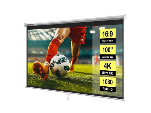 100 Inch 16:9 Pull Down Projector Screen, HD 4K Retractable Movie Screen for Indoor Home Theater and Office, Manual Projection Screen with Auto.