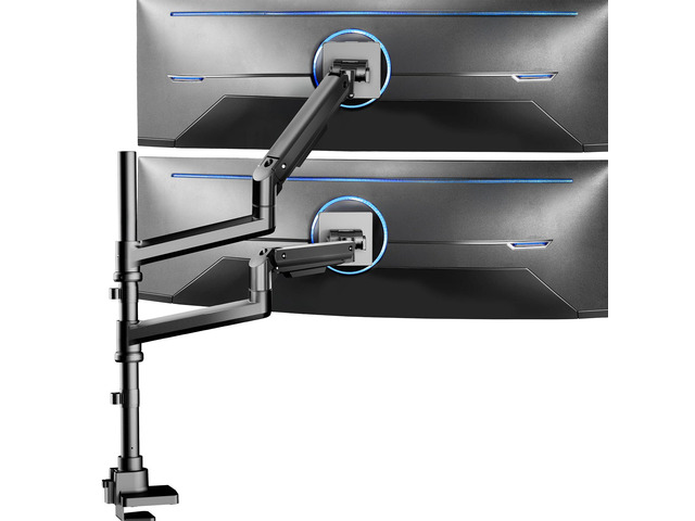 Pneumatic Arm Dual Ultrawide Monitor Extra Tall Desk Mount for Up to 49 inch Screens, Heavy Duty Clamp, Holds 2 Ultra Wides Up to 44 lbs, Black,...