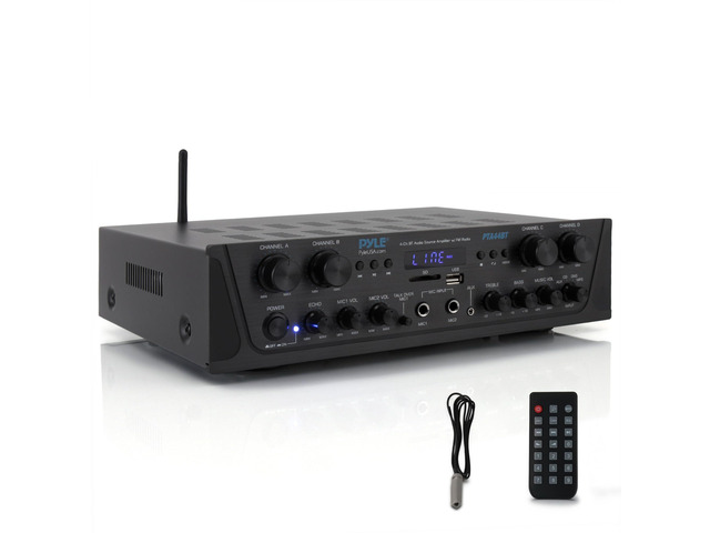 4-Channel Audio Amplifier with Bluetooth - Home Stereo Receiver w/ 500W Max Power - Commercial or Karaoke - Dual Mic Input with Echo, Vol,...