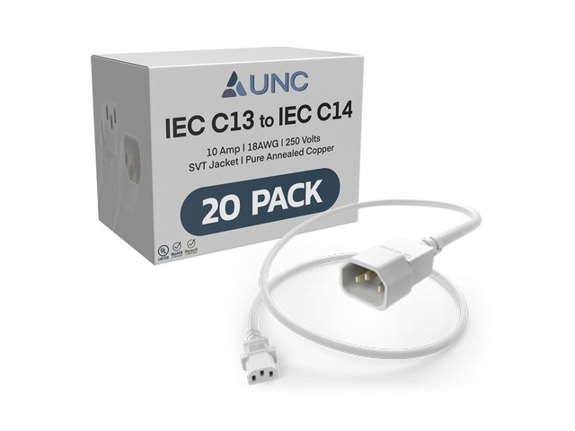 20 Pack 2ft PDU Power Cable C13 to C14 10Amp 18AWG 250V SVT Jacket UL Listed, White, 2 Foot