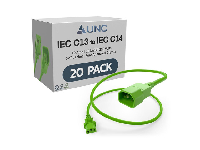 20 Pack 1ft PDU Power Cable C13 to C14 10Amp 18AWG 250V SVT Jacket UL Listed, Green, 1 Foot