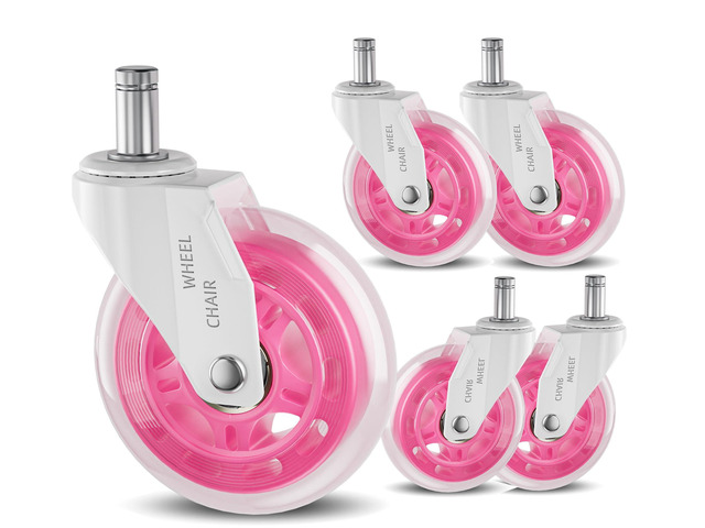 Office Chair Caster Wheels Replacement 3 Inch Roller Blade, Set of 5 Pink Heavy Duty Quiet No Scratch Rubber Gaming Chair Wheel for Hardwood Floor...