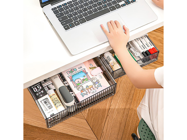 2Pcs Under Desk Storage Drawers Slide Out,Large & Medium, Stick On Desk Drawer Organizer Hidden Under Table Drawer for Home Office School...