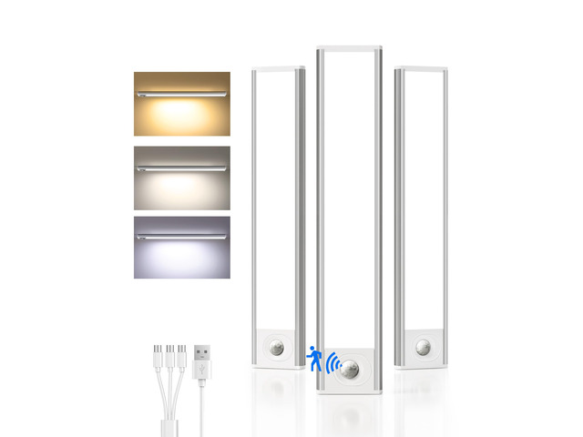 8inch Under Cabinet Lighting Wireless, 3-Pack Rechargeable Battery Motion Sensor Light Indoor, LED Closet Lights USB Charging, 3 Color Dimmable...
