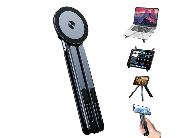 4-in-1 Foldable Laptop Stand, Portable Magnetic Phone Holder N55 Magnets MagSafe Compatible, Pocket-Sized Tripod Handle for MacBook, iPad, Travel...
