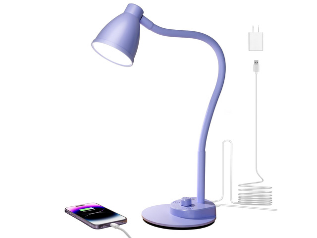 LED Desk Lamp with USB Charging Port, 3 Color Modes Dim, Lilac Purple Reading Lamp, Auto Dimming Task Lamp, Flexible Neck Table Light for Office...
