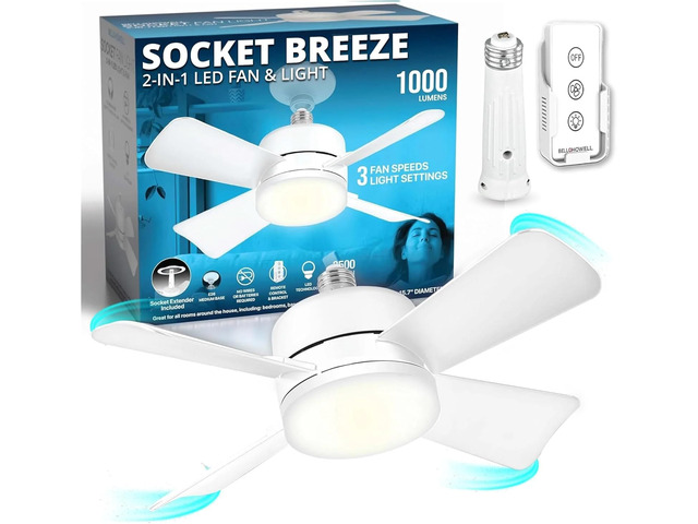 Socket Breeze Modern Ceiling Fans with LED Lights, 10' LED E26 Screw Base Mini Light Socket Fan for Bedroom, Living Room, Kitchen, Balcony