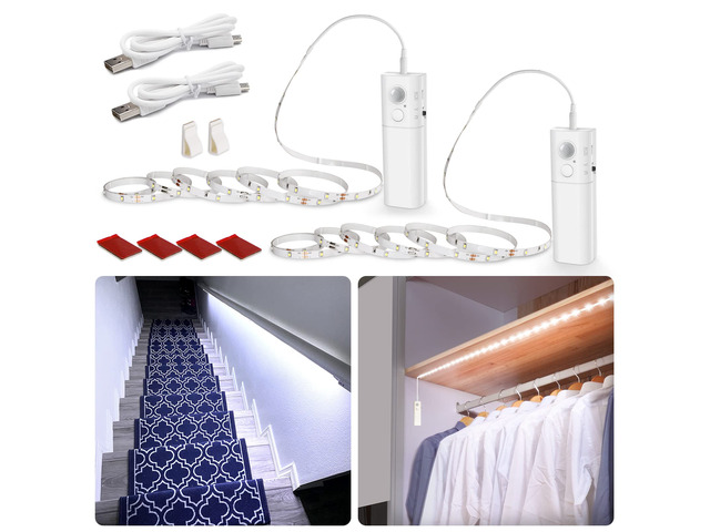 Motion Sensor Stair Strip Lights,Rechargeable LED Closet Light,White 2 X6.56ft Battery Powered Cordless LED Strip,60 LEDs Homelife Bar for...