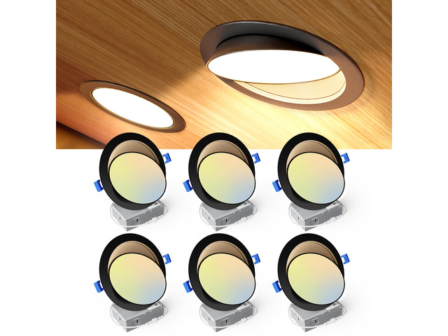 6 Pack 6 Inch Black LED Eyeball Gimbal Recessed Light, 5CCT 360°+90° Rotatable, 10%-100% Dimmable, 2700K-5000K Selectable, 12W 1300LM, 90+CRI,...