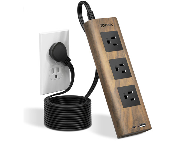 Power Strip Surge Protector (1800J), 10 FT Flat Extension Cord with Ultra Thin Flat Plug, 3 Widely-Spaced Outlets with 1 USB-C & 1 USB-A, Wood...