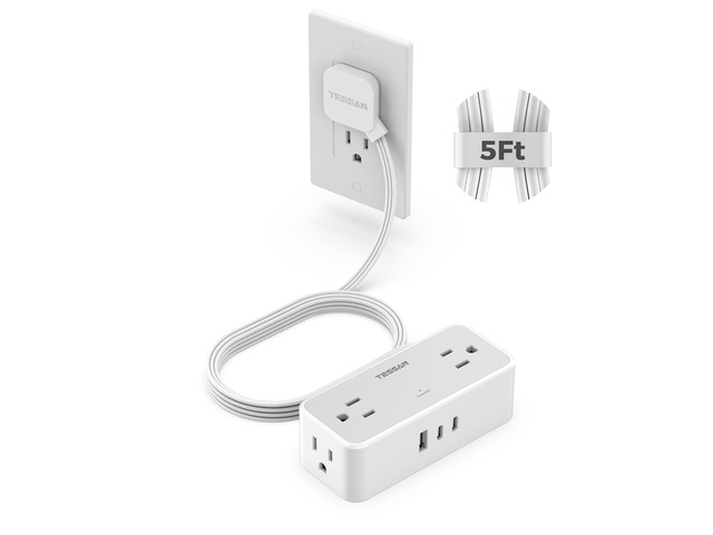 Extension Cord 5 FT, Power Strip with 900J Surge Protection, Grey 4 AC Outlets 2 USB C and 1 USB A Ports, Flat Plug, Multiple Wall Outlet Extender...