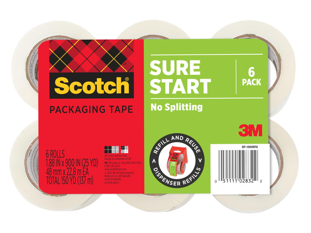 Sure Start Packing Tape, Clear, 1.88 in. x 25 yd., 6 Tape Rolls 1.5' Core, Packaging may vary, Quiet Unwind & Easy Start, Designed for Packing,...
