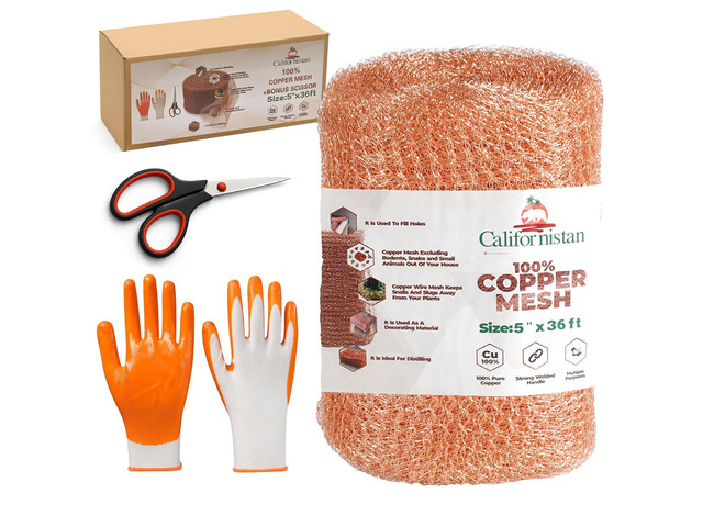 Copper Mesh Rodent Control Roll, 5 in x 36 ft, with Scissors and Gloves Rustproof Copper Mesh Roll for Rodent, Bat and Snail Control, Hole...