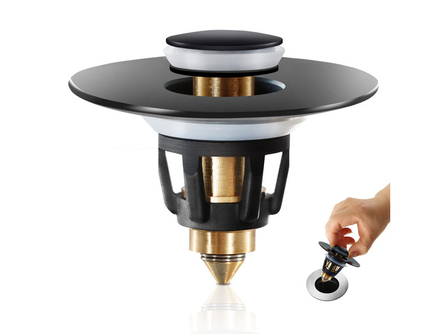 Black Bathroom Sink Stopper Pop Up Drain Stopper & Sink Strainer, Universal Sink Plug for 1.1' to 1.5' Bathroom Sink Drain Pipes, Matte Black Finish