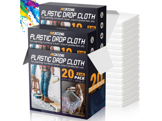 12 x 9 Ft Plastic Drop Cloths for Painting (20-Pack) Plastic Painter's Sheeting & Tarps for Painting Supplies, Waterproof & Dust-proof...